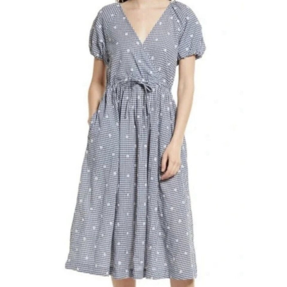 Midi Cotton Blue Gingham Dress Wrap Neckline